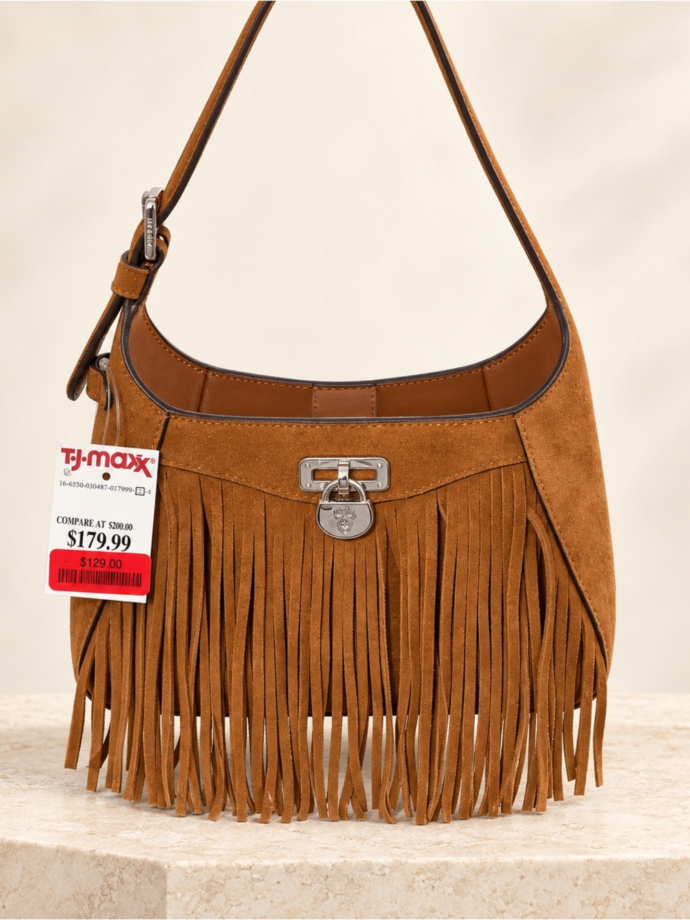 Ralph Lauren Tan Suede Fringe Shoulder Bag with Silver-Tone Hardware